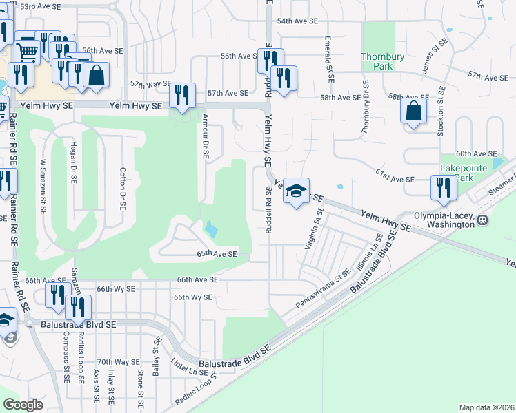 map of restaurants, bars, coffee shops, grocery stores, and more near 6214 Saint Andrews Drive Southeast in Olympia