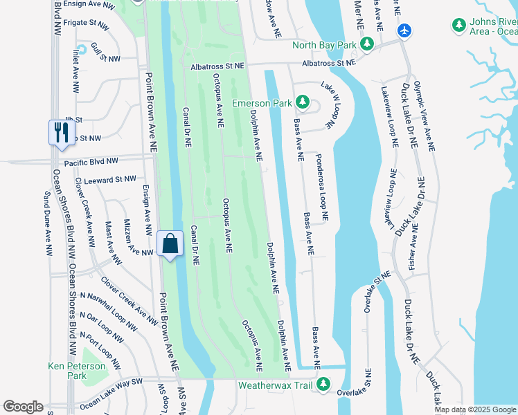 map of restaurants, bars, coffee shops, grocery stores, and more near 323 Dolphin Avenue Northeast in Ocean Shores