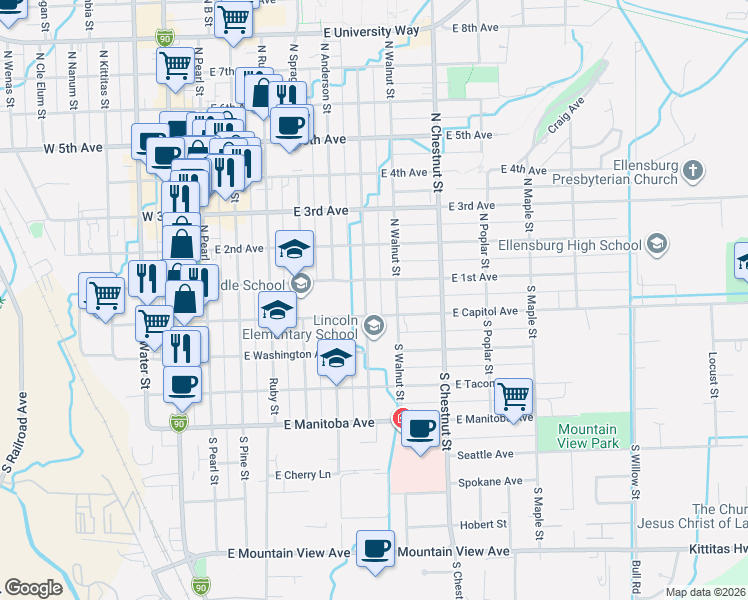 map of restaurants, bars, coffee shops, grocery stores, and more near 106 South Sampson Street in Ellensburg