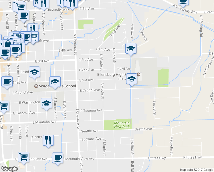 map of restaurants, bars, coffee shops, grocery stores, and more near 102 South Maple Street in Ellensburg