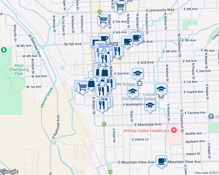 map of restaurants, bars, coffee shops, grocery stores, and more near 101 South Pearl Street in Ellensburg