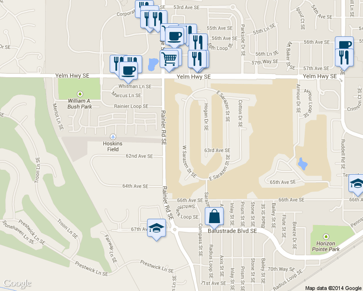 map of restaurants, bars, coffee shops, grocery stores, and more near 6231 W Sarazen Street Southeast in Olympia