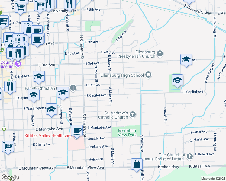 map of restaurants, bars, coffee shops, grocery stores, and more near 104 South Maple Street in Ellensburg