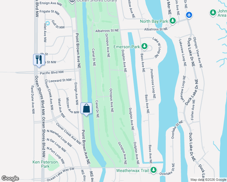 map of restaurants, bars, coffee shops, grocery stores, and more near 324 Octopus Avenue Northeast in Ocean Shores