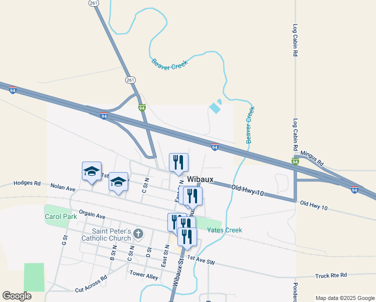 map of restaurants, bars, coffee shops, grocery stores, and more near 342 East Street North in Wibaux