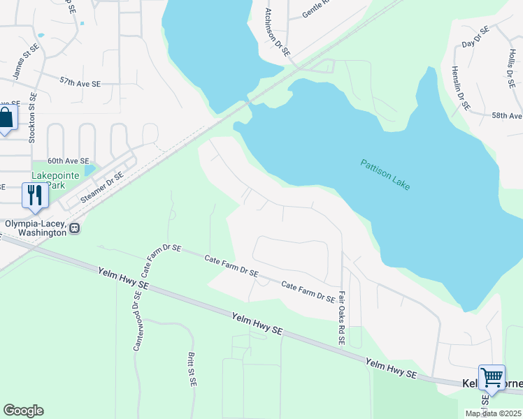 map of restaurants, bars, coffee shops, grocery stores, and more near 7443 Fair Oaks Road Southeast in Olympia