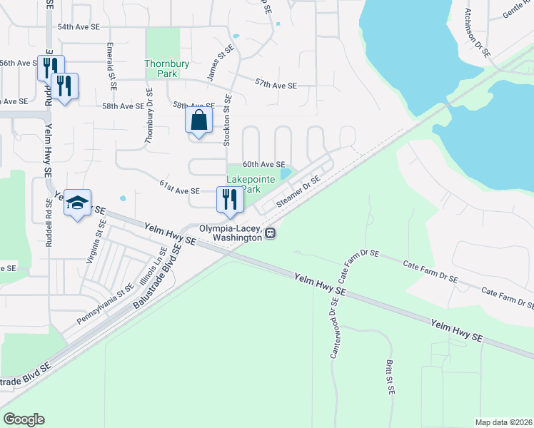 map of restaurants, bars, coffee shops, grocery stores, and more near 6463 Steamer Drive Southeast in Lacey