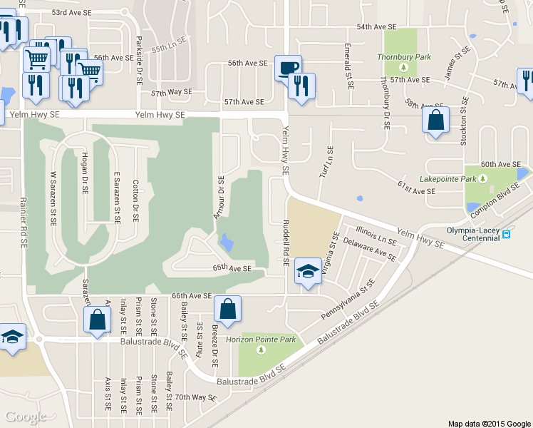 map of restaurants, bars, coffee shops, grocery stores, and more near 6214 Saint Andrews Drive Southeast in Olympia