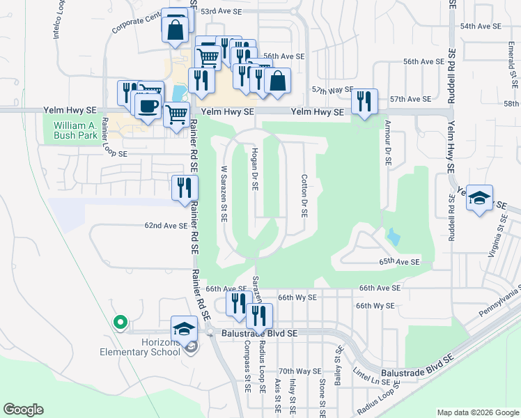 map of restaurants, bars, coffee shops, grocery stores, and more near 6231 Hogan Drive Southeast in Olympia