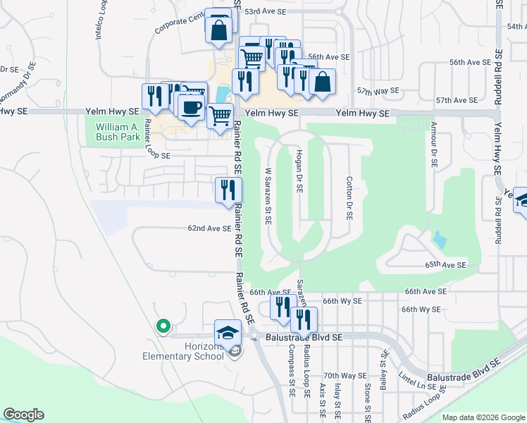 map of restaurants, bars, coffee shops, grocery stores, and more near 6231 West Sarazen Street Southeast in Olympia