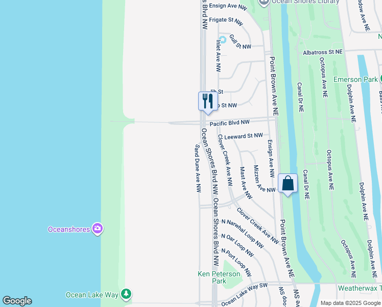 map of restaurants, bars, coffee shops, grocery stores, and more near 363 Sand Dune Avenue Northwest in Ocean Shores