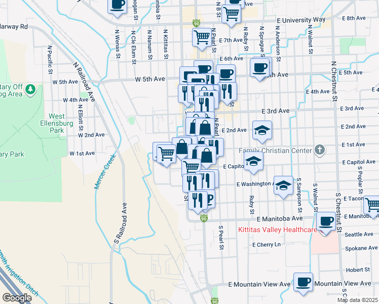 map of restaurants, bars, coffee shops, grocery stores, and more near 206 West 1st Avenue in Ellensburg