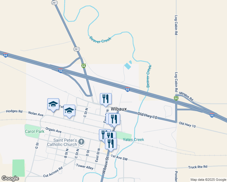 map of restaurants, bars, coffee shops, grocery stores, and more near 342 East Street North in Wibaux