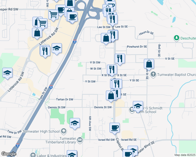 map of restaurants, bars, coffee shops, grocery stores, and more near Park Lane Southwest in Tumwater