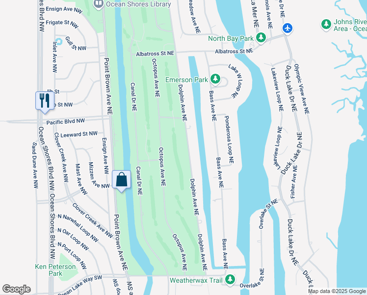 map of restaurants, bars, coffee shops, grocery stores, and more near 323 Dolphin Avenue Northeast in Ocean Shores