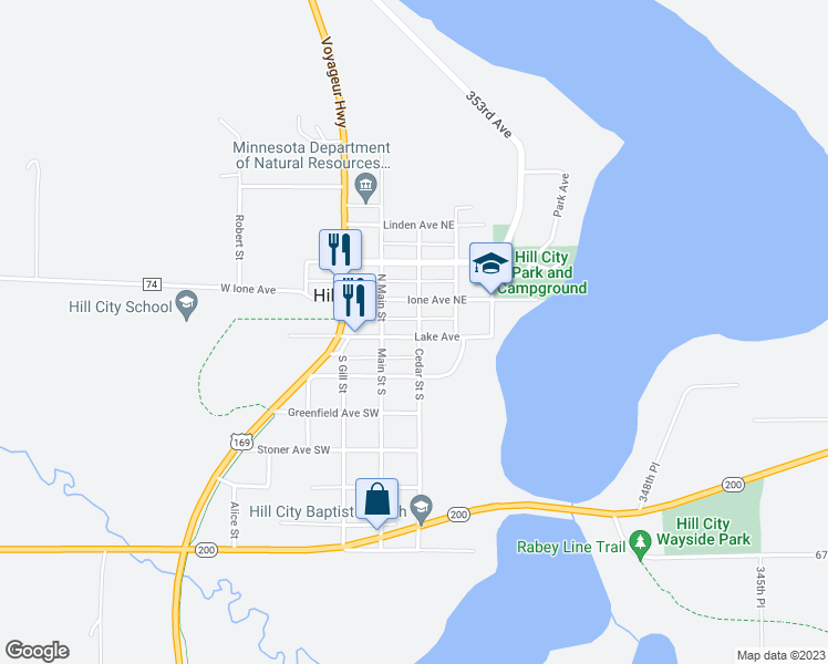 map of restaurants, bars, coffee shops, grocery stores, and more near 143 Cedar Street North in Hill City