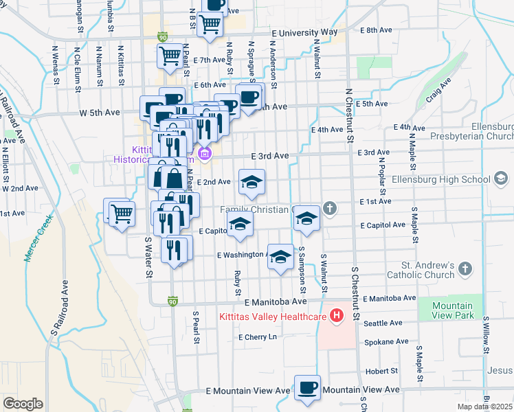 map of restaurants, bars, coffee shops, grocery stores, and more near 400 East 1st Avenue in Ellensburg
