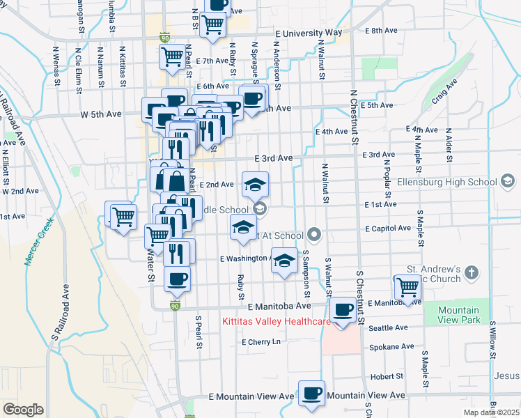 map of restaurants, bars, coffee shops, grocery stores, and more near 400 East 1st Avenue in Ellensburg