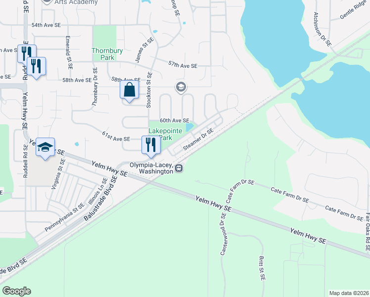 map of restaurants, bars, coffee shops, grocery stores, and more near 6537 Steamer Drive Southeast in Lacey