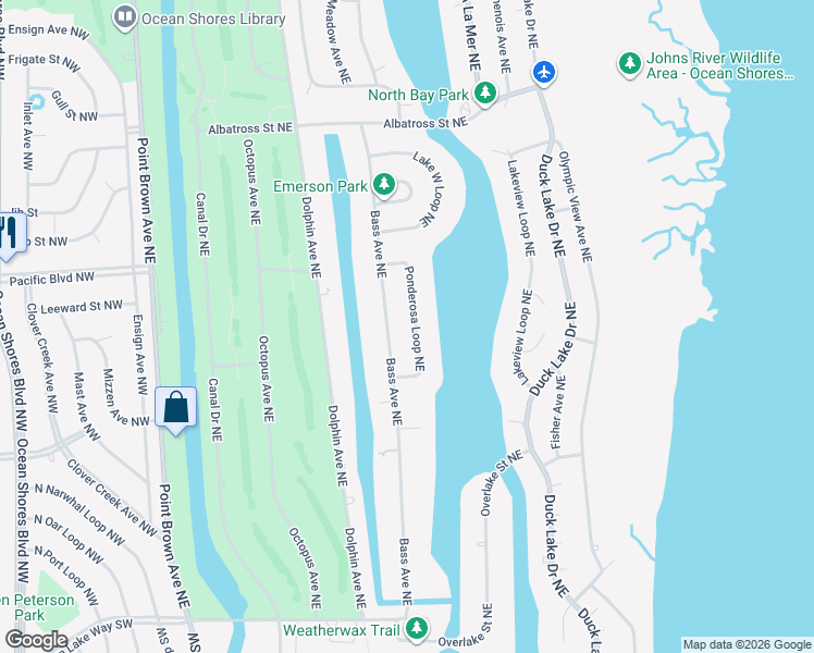 map of restaurants, bars, coffee shops, grocery stores, and more near 322 Bass Avenue Northeast in Ocean Shores