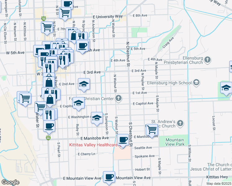 map of restaurants, bars, coffee shops, grocery stores, and more near 701 East Capitol Avenue in Ellensburg