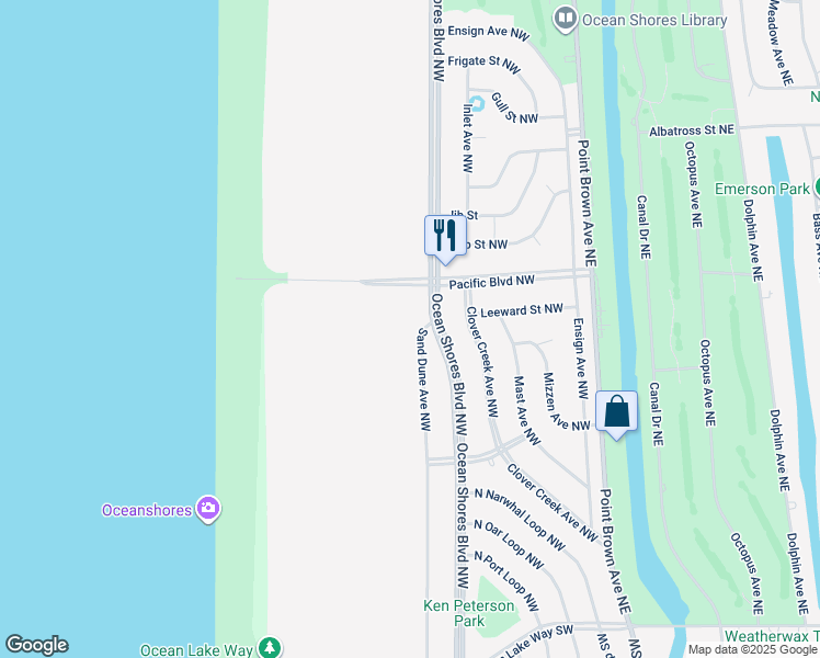 map of restaurants, bars, coffee shops, grocery stores, and more near 363 Sand Dune Avenue Northwest in Ocean Shores
