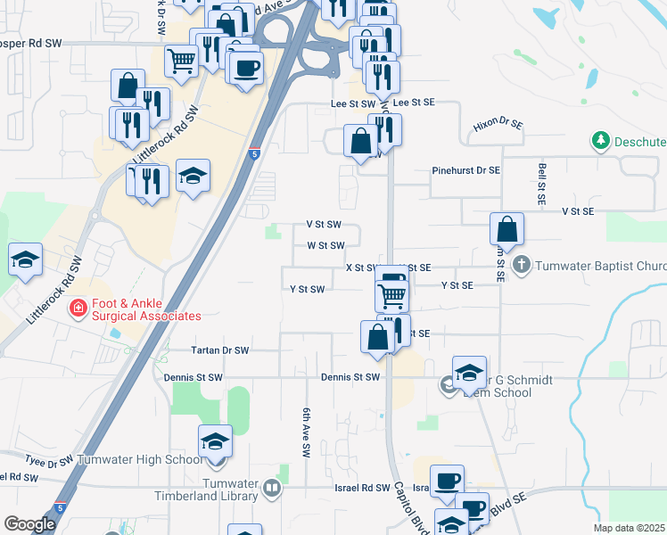 map of restaurants, bars, coffee shops, grocery stores, and more near Park Lane Southwest in Tumwater