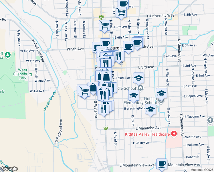 map of restaurants, bars, coffee shops, grocery stores, and more near 100 North Pearl Street in Ellensburg