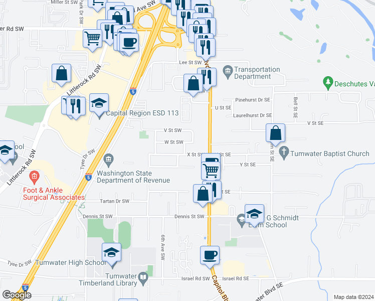 map of restaurants, bars, coffee shops, grocery stores, and more near 210 X Street Southwest in Tumwater