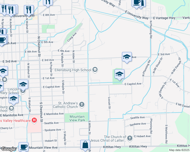 map of restaurants, bars, coffee shops, grocery stores, and more near 1203 East Capitol Avenue in Ellensburg