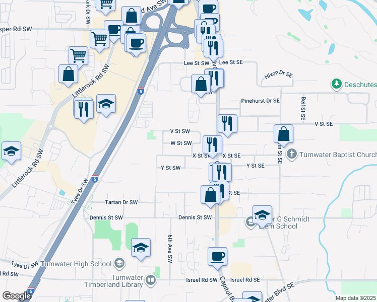map of restaurants, bars, coffee shops, grocery stores, and more near 222 X Street Southwest in Tumwater