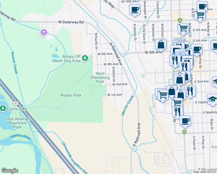 map of restaurants, bars, coffee shops, grocery stores, and more near 202 North Lincoln Street in Ellensburg