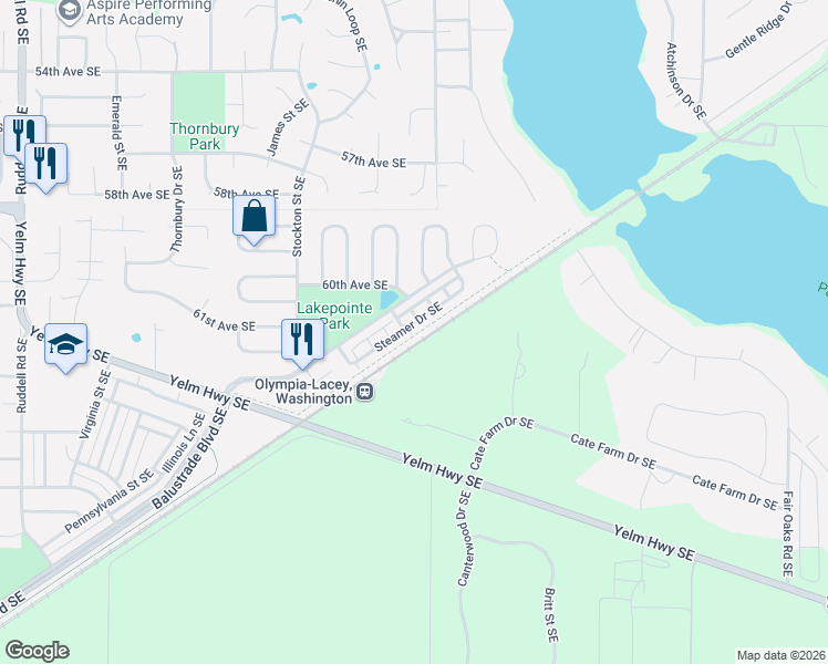map of restaurants, bars, coffee shops, grocery stores, and more near 6648 Steamer Drive Southeast in Lacey
