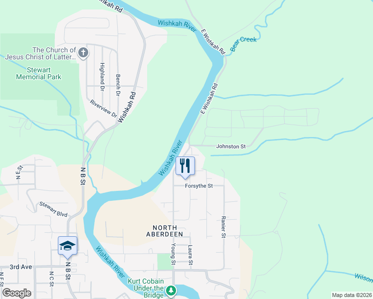 map of restaurants, bars, coffee shops, grocery stores, and more near 2217 Roosevelt Street in Aberdeen