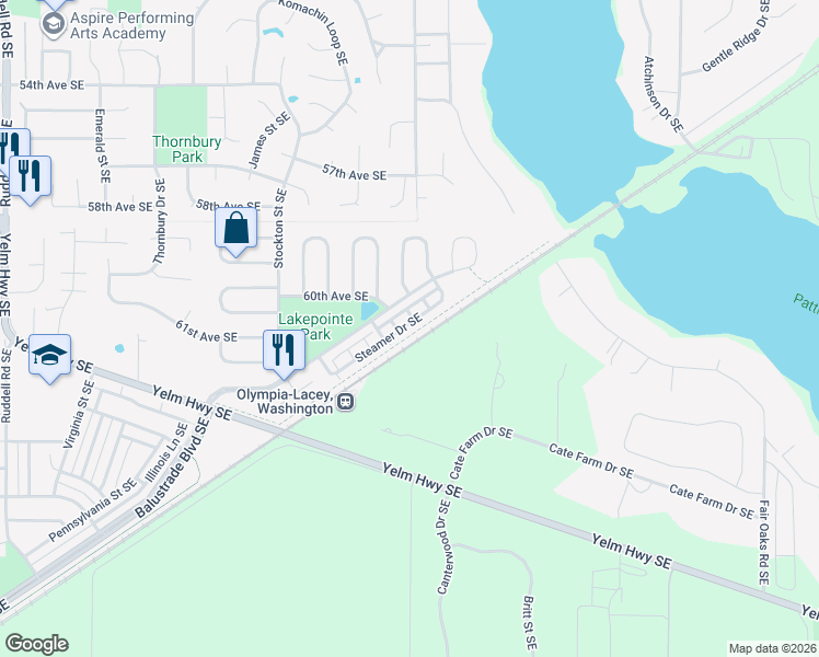 map of restaurants, bars, coffee shops, grocery stores, and more near 6643 Steamer Drive Southeast in Lacey