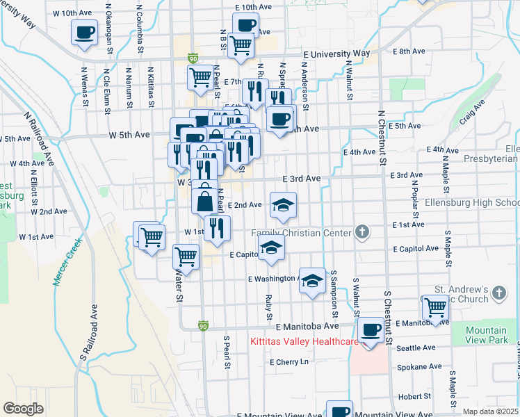 map of restaurants, bars, coffee shops, grocery stores, and more near 109 North Ruby Street in Ellensburg