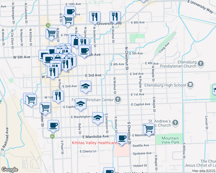 map of restaurants, bars, coffee shops, grocery stores, and more near 108 North Sampson Street in Ellensburg