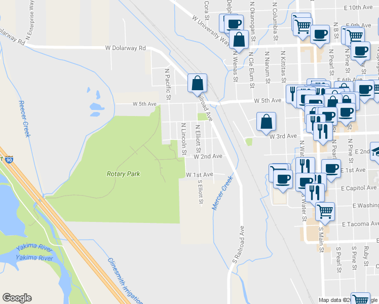 map of restaurants, bars, coffee shops, grocery stores, and more near 202 North Lincoln Street in Ellensburg