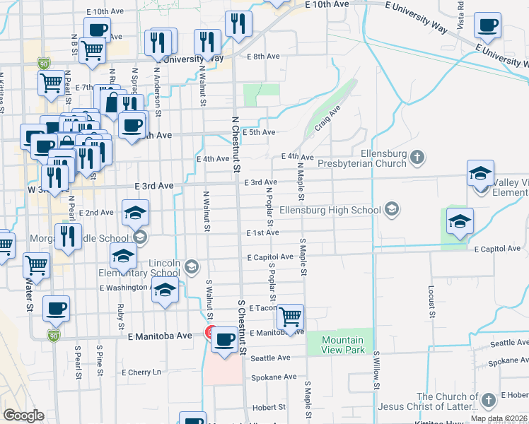 map of restaurants, bars, coffee shops, grocery stores, and more near 814 East 2nd Avenue in Ellensburg