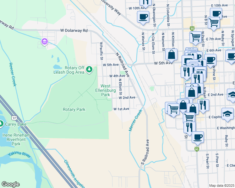 map of restaurants, bars, coffee shops, grocery stores, and more near 202 North Lincoln Street in Ellensburg