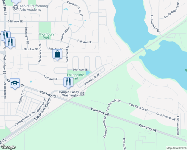 map of restaurants, bars, coffee shops, grocery stores, and more near 6648 Steamer Drive Southeast in Lacey