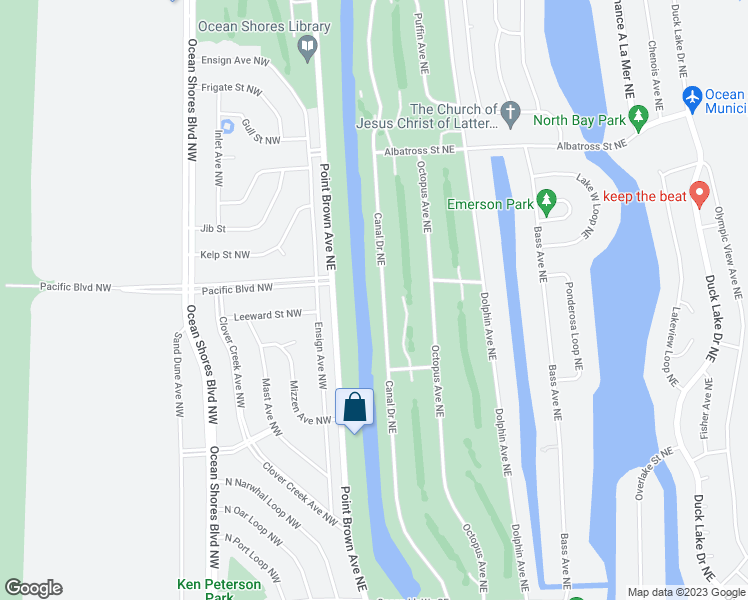 map of restaurants, bars, coffee shops, grocery stores, and more near 357 Canal Drive Northeast in Ocean Shores