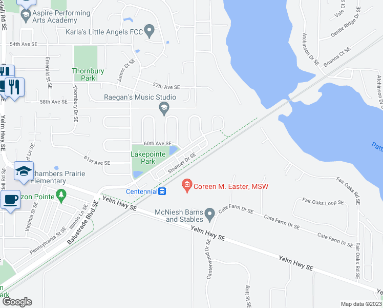 map of restaurants, bars, coffee shops, grocery stores, and more near 6648 Steamer Drive Southeast in Lacey