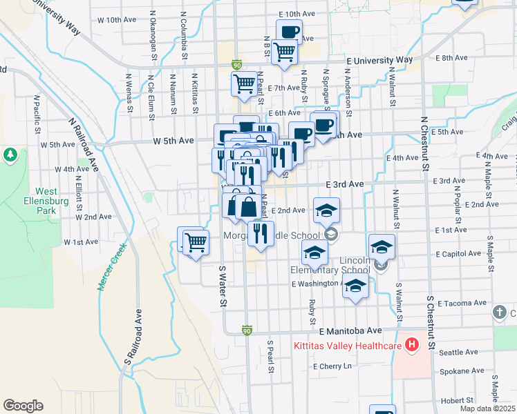 map of restaurants, bars, coffee shops, grocery stores, and more near 201 North Pearl Street in Ellensburg