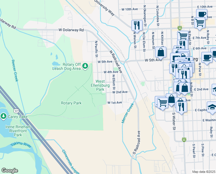 map of restaurants, bars, coffee shops, grocery stores, and more near 202 North Lincoln Street in Ellensburg