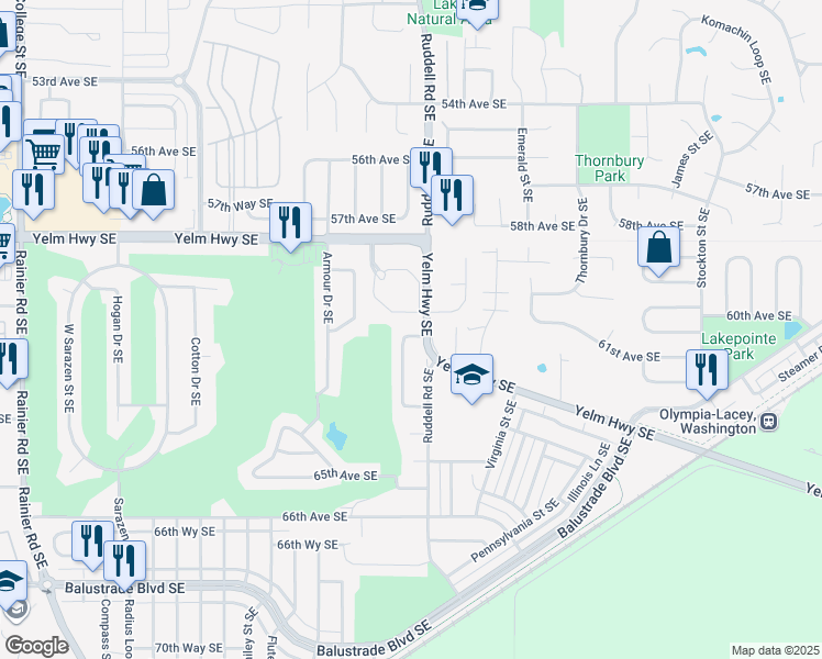 map of restaurants, bars, coffee shops, grocery stores, and more near 6104 Saint Andrews Drive Southeast in Lacey