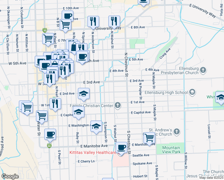 map of restaurants, bars, coffee shops, grocery stores, and more near 108 North Sampson Street in Ellensburg