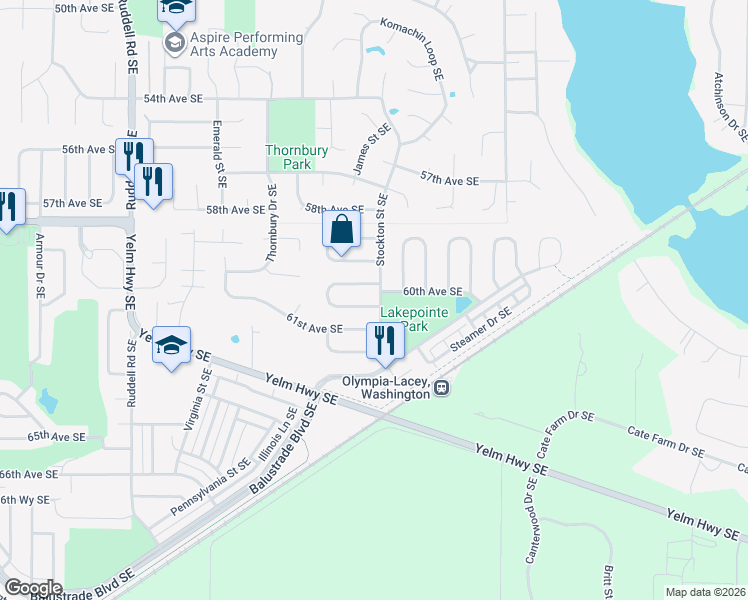 map of restaurants, bars, coffee shops, grocery stores, and more near 6038 60th Loop Southeast in Lacey