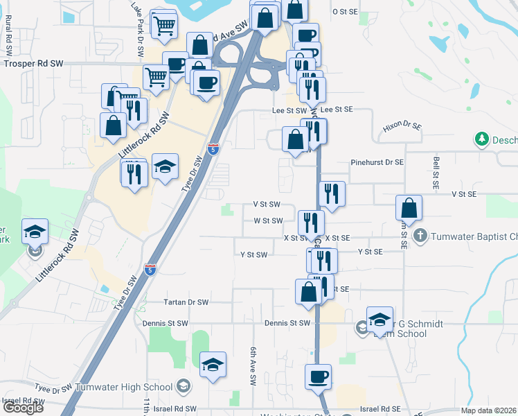 map of restaurants, bars, coffee shops, grocery stores, and more near 316 W Street Southwest in Tumwater