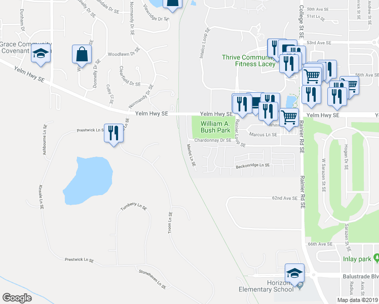 map of restaurants, bars, coffee shops, grocery stores, and more near 5932 Merlot Lane Southeast in Lacey